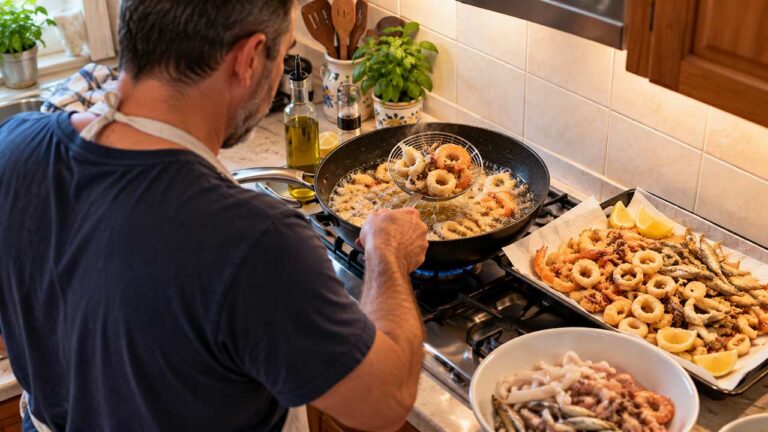 Uomo di spalle frigge calamari, gamberi e pesciolini in padella mentre prepara una frittura mista di pesce in casa.