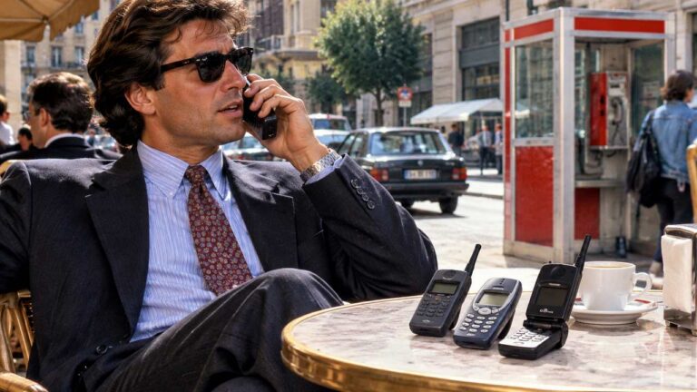 Uomo d'affari al bar mentre parla con un cellulare anni '90, con vecchi telefoni Nokia, Motorola ed Ericsson sul tavolo.